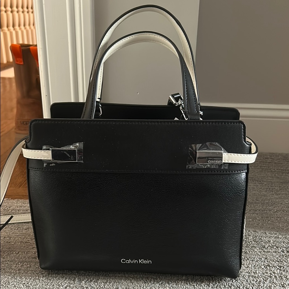 Calvin Klein Black and White Satchel with Sophisticated Design